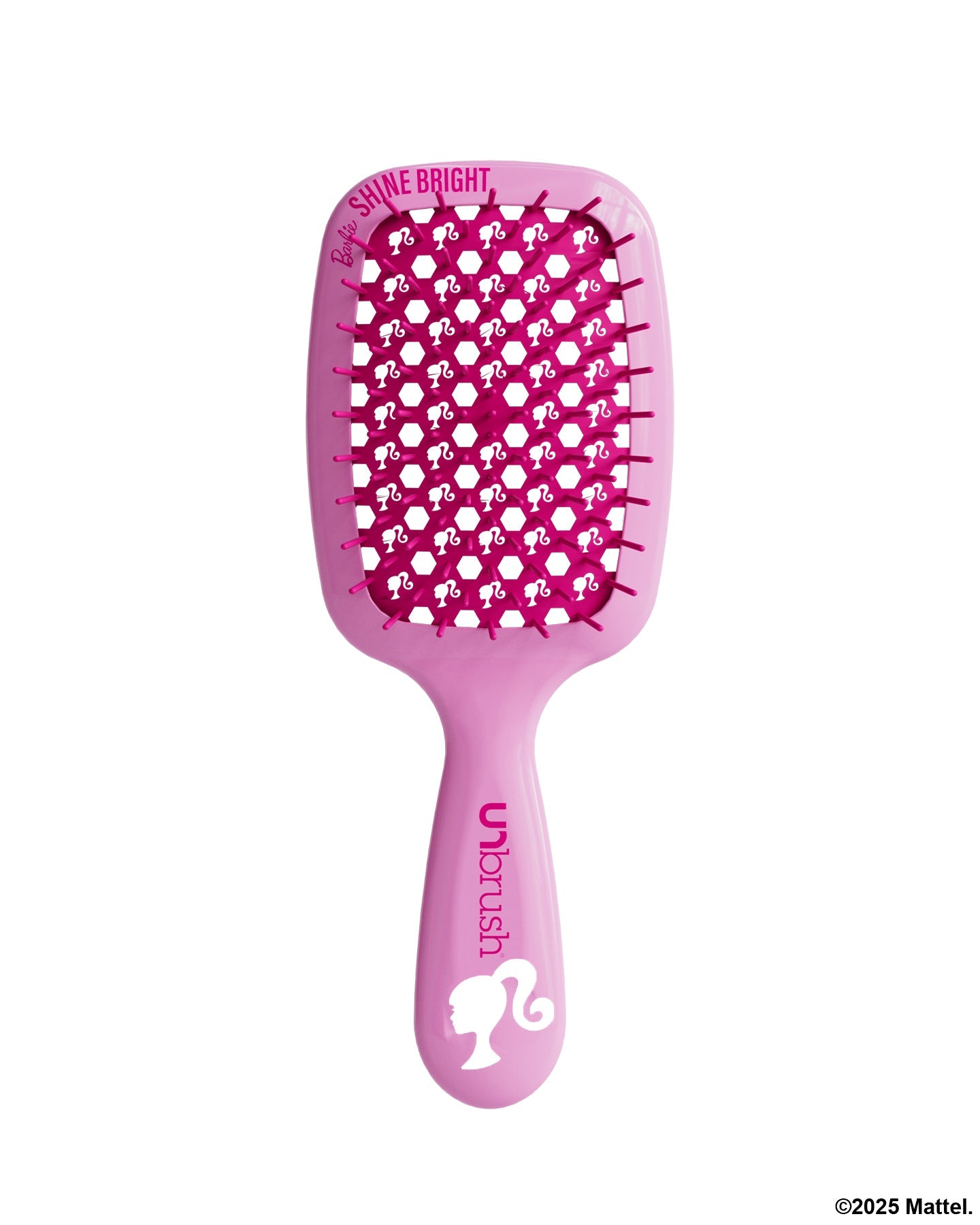 Pink hairbrush with character design on a white background