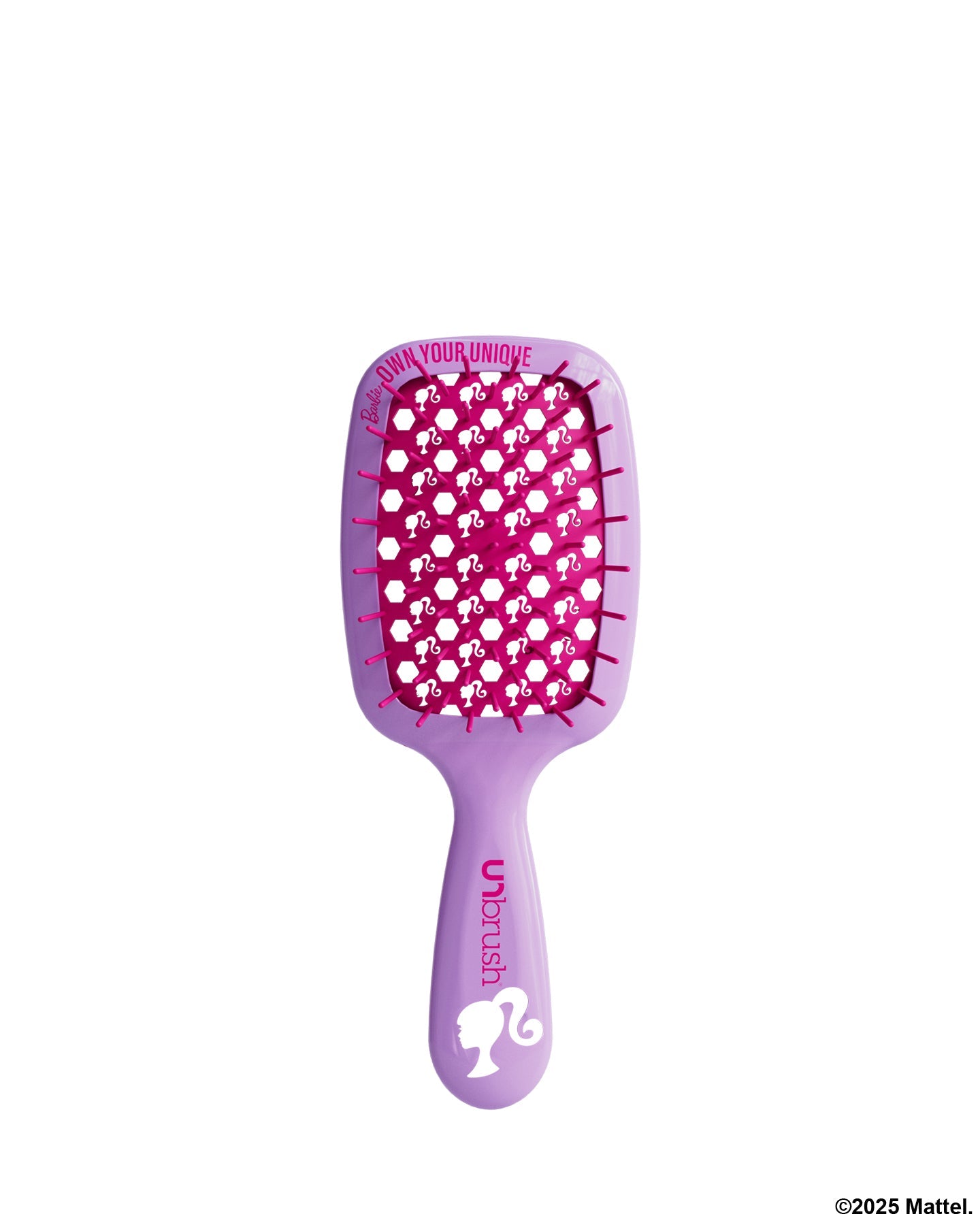 Purple hairbrush with pink bristle pattern on a white background