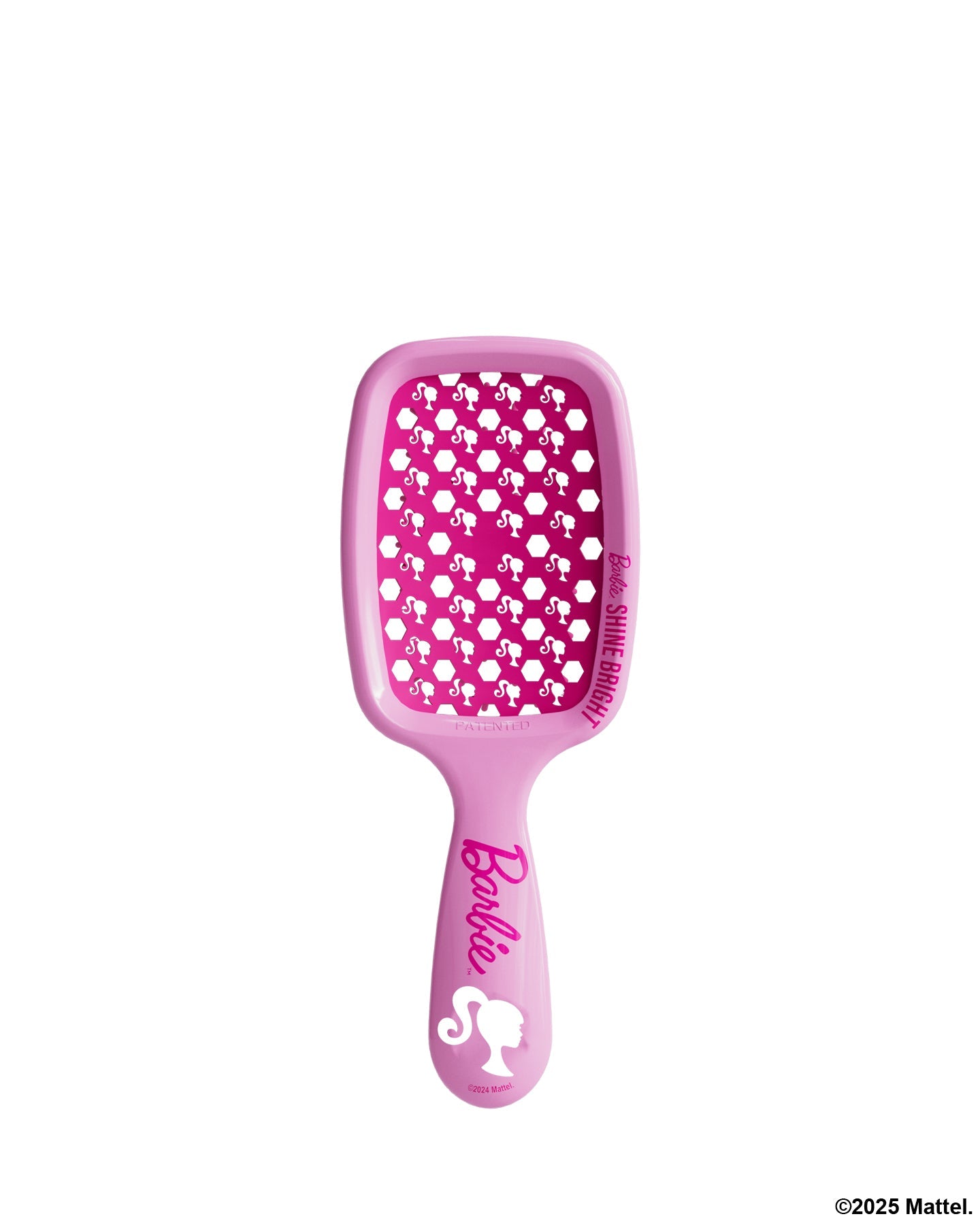 Pink hairbrush with Barbie logo on a white background