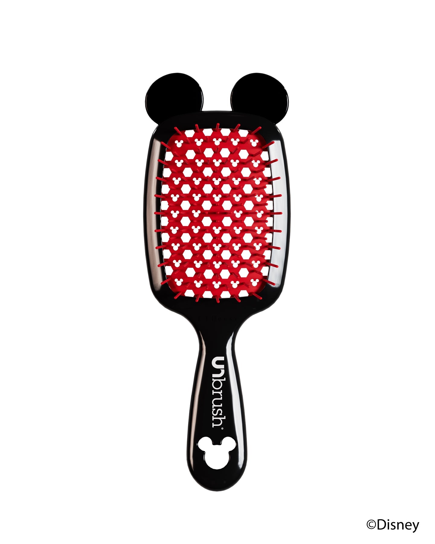 Front view of a black Mickey Mouse-themed UNbrush with Mickey head pattern on the brush pad.