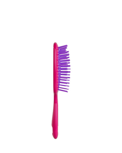 Side view of Vibrant Pink Unbrush Mini detangling brush with vibrant purple hexagon bristle pattern, designed for gentle use on wet or dry hair.