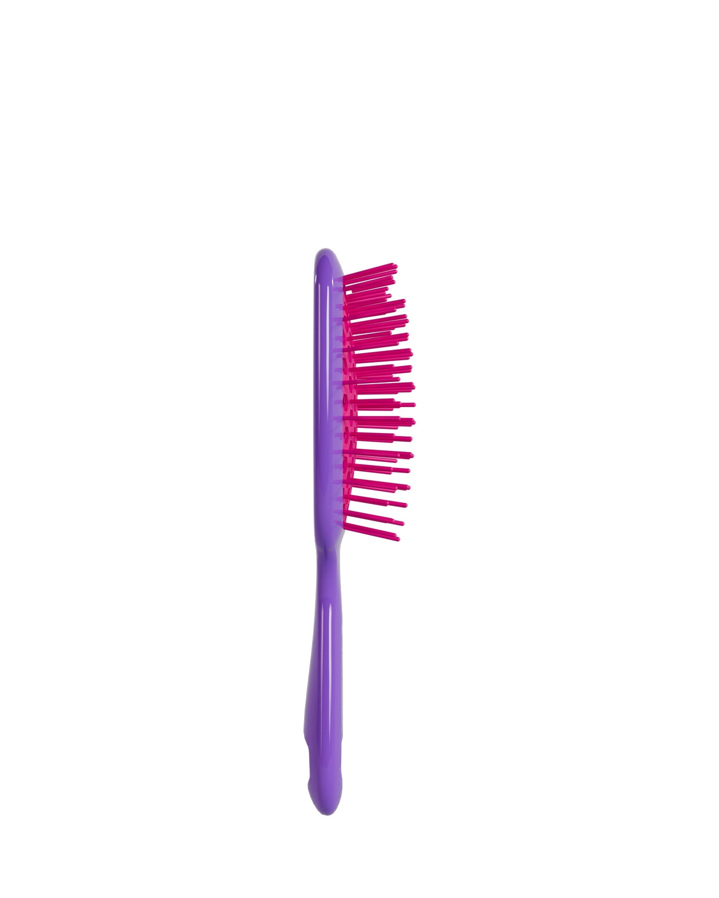 Side view of Vibrant Purple Unbrush Mini detangling brush with vibrant pink hexagon bristle pattern, designed for gentle use on wet or dry hair.