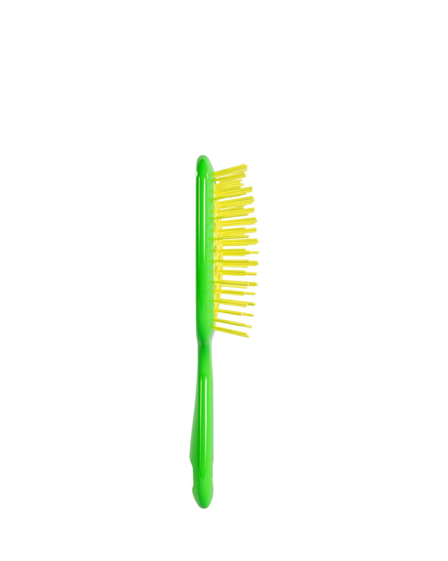 Side view of Vibrant Green Unbrush Mini detangling brush with vibrant yellow hexagon bristle pattern, designed for gentle use on wet or dry hair.