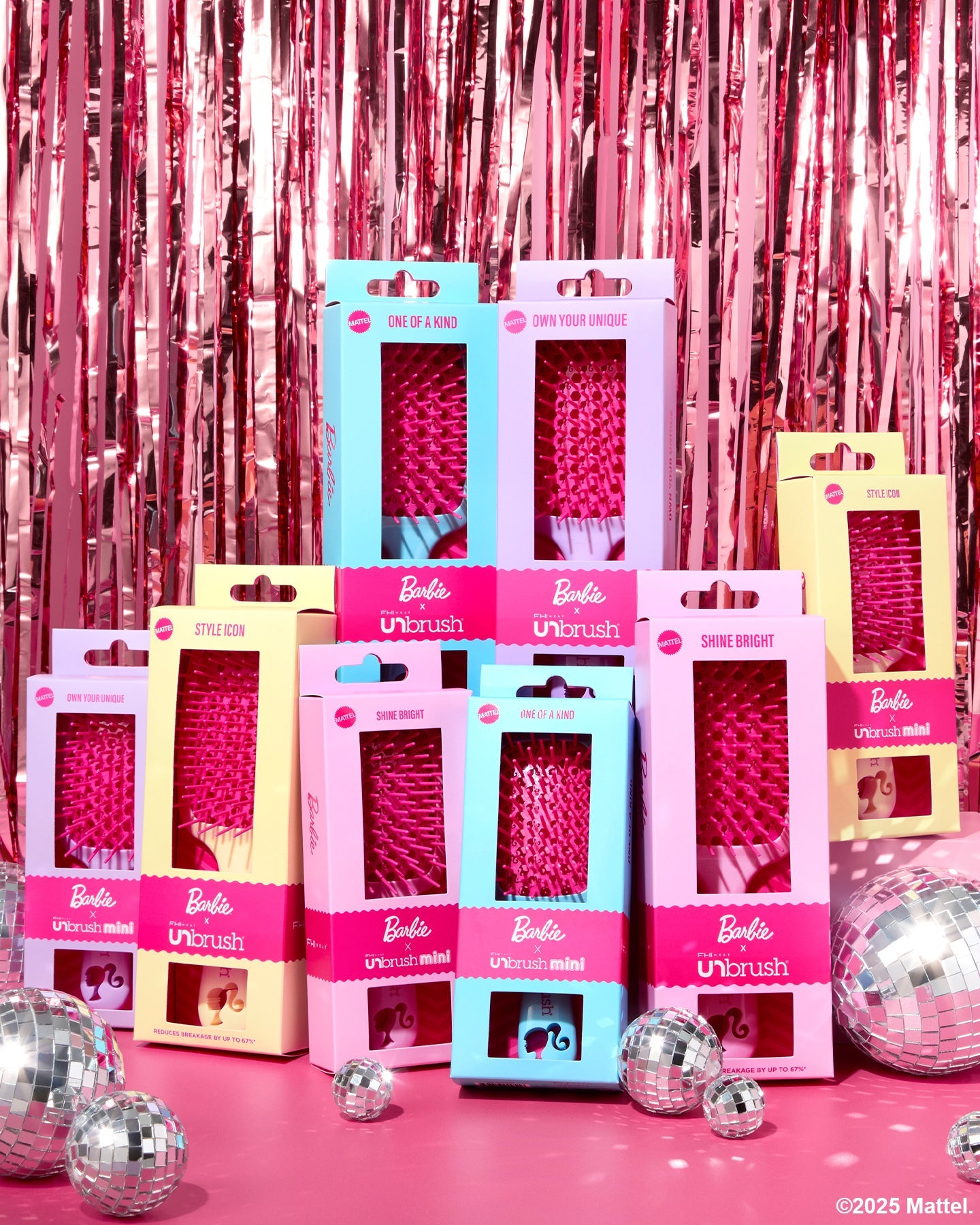 Barbie Unbrush hairbrushes in various packaging on a pink background with disco balls.