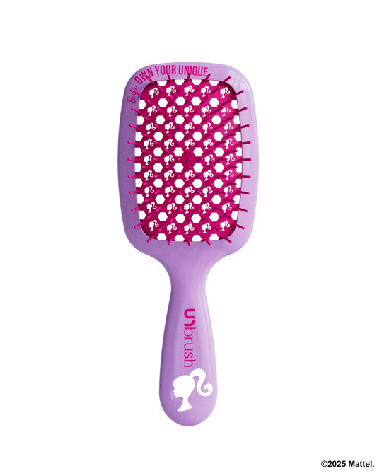 Purple hairbrush with pink bristles and 'Unibrush' branding on a white background