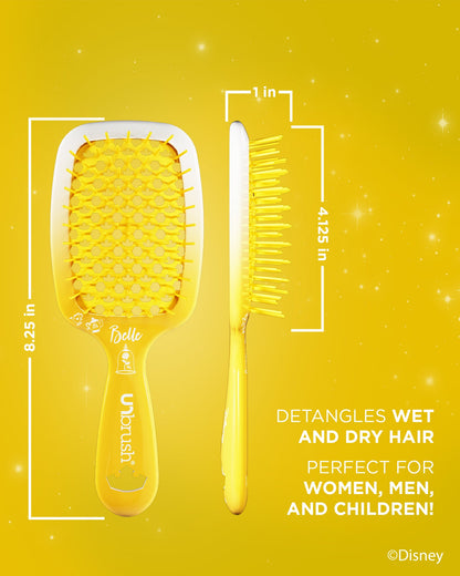 Yellow hairbrush and comb with measurements on a yellow background, featuring Disney branding.