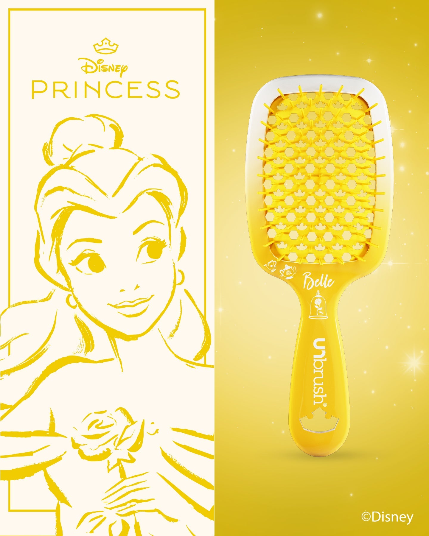 Yellow hairbrush with Belle design on a yellow background featuring Disney Princess branding.