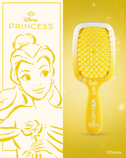 Yellow hairbrush with Belle design on a yellow background featuring Disney Princess branding.