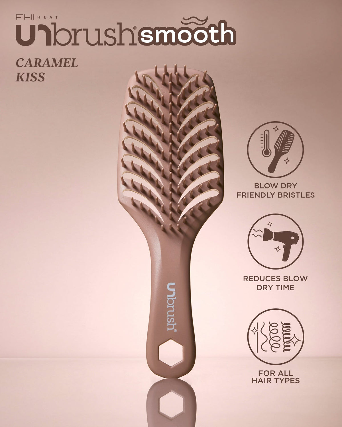 Unbrush Smooth caramel kiss hairbrush with features on a beige background