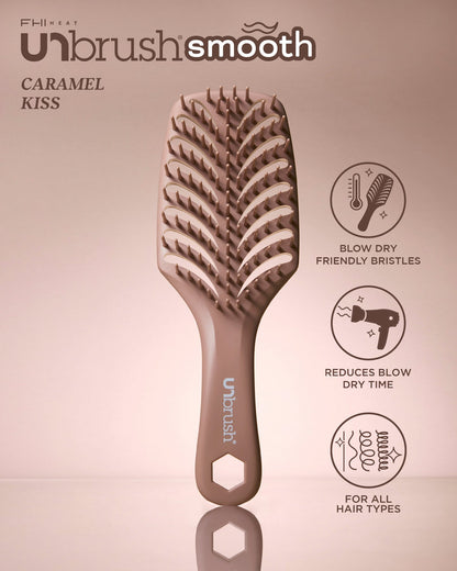 Unbrush Smooth caramel kiss hairbrush with features on a beige background
