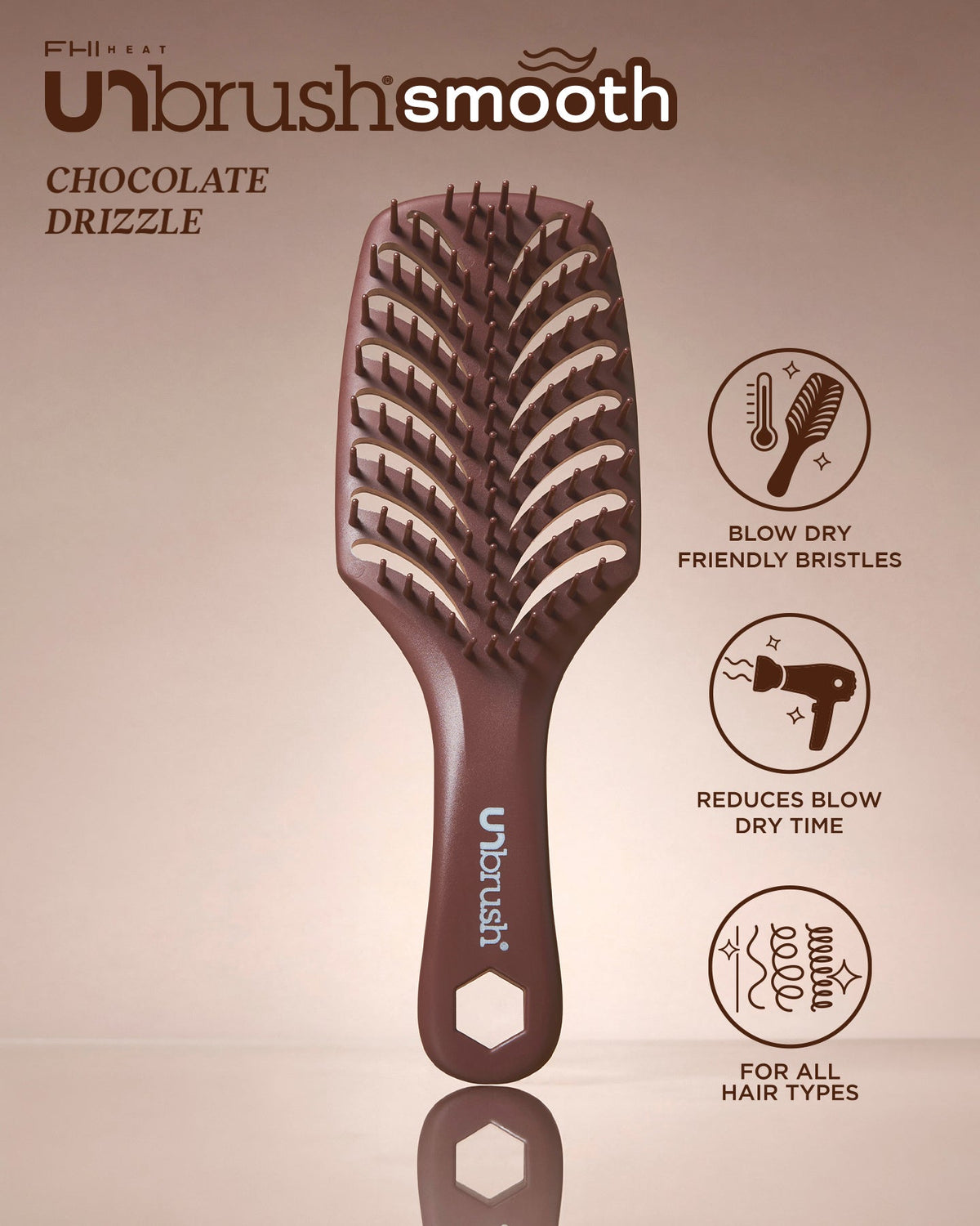Unbrush Smooth chocolate drizzle hairbrush with features on a beige background
