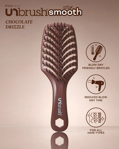 Unbrush Smooth chocolate drizzle hairbrush with features on a beige background