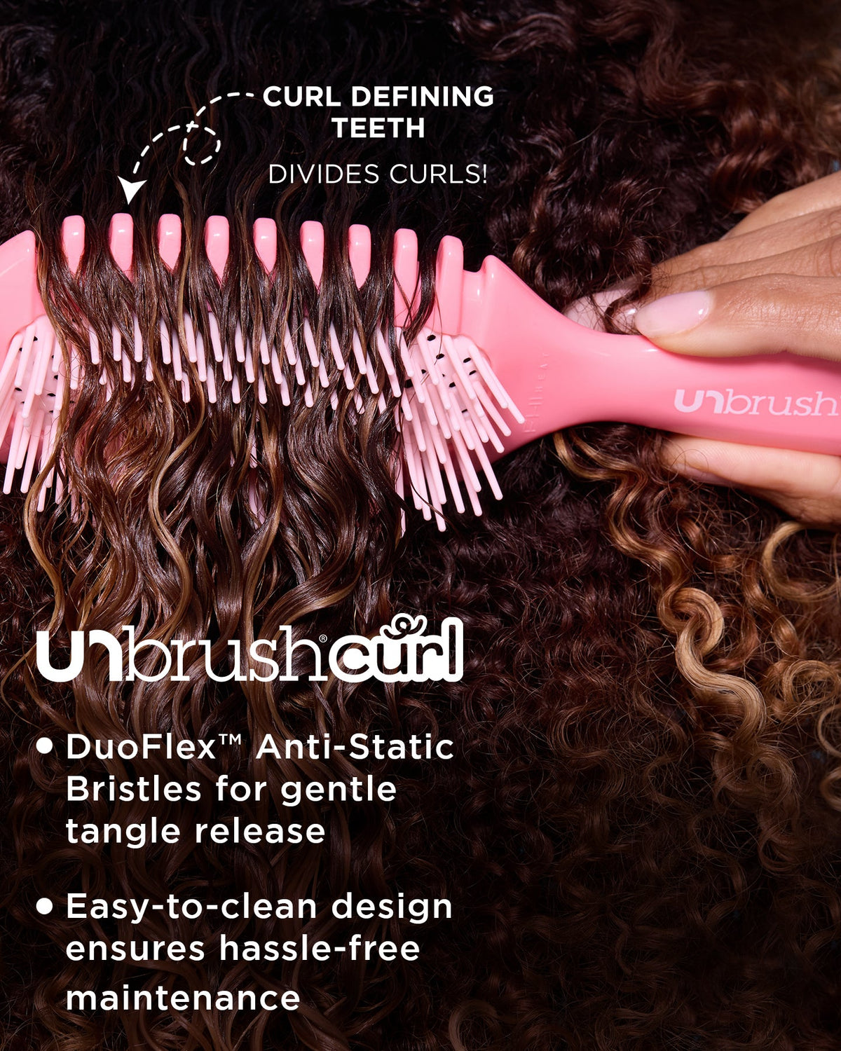 Pink hairbrush with text about its features being used on curly hair.