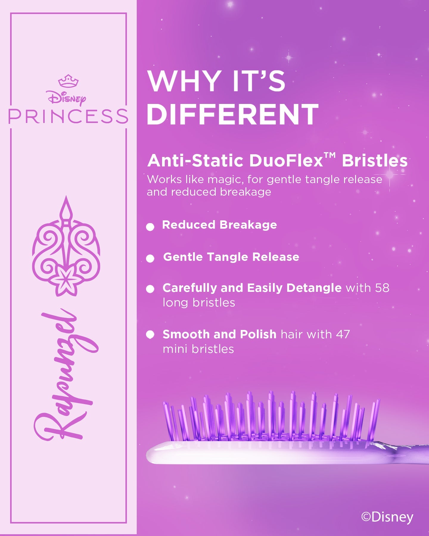 Disney Princess Rapunzel hairbrush with features on a purple background