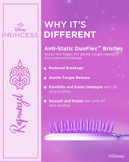 Disney Princess Rapunzel hairbrush with features on a purple background