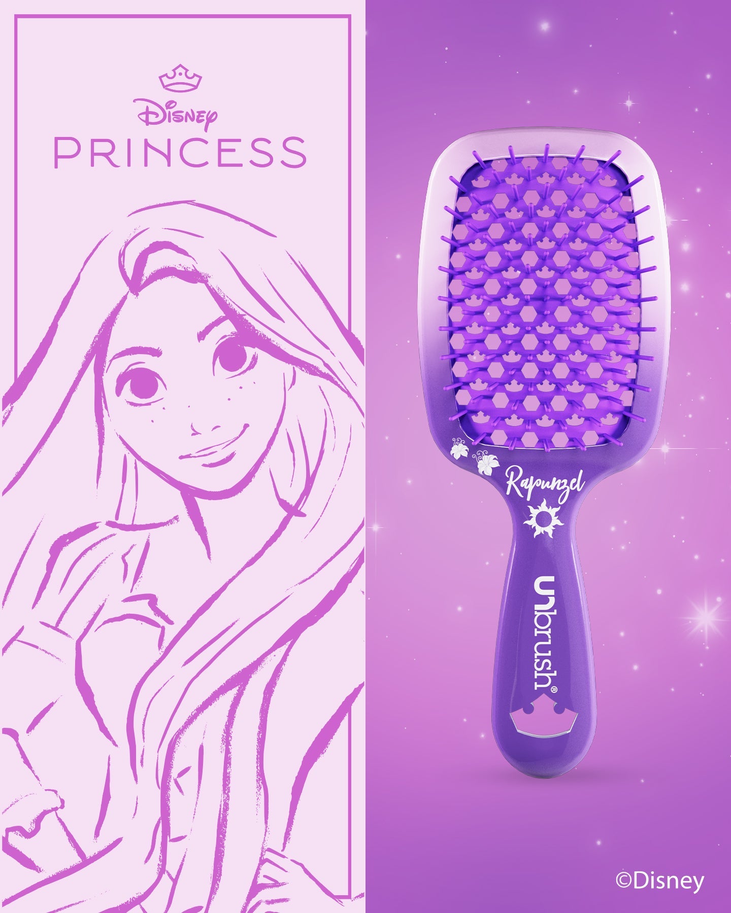 Purple hairbrush with Disney Princess design on a purple background