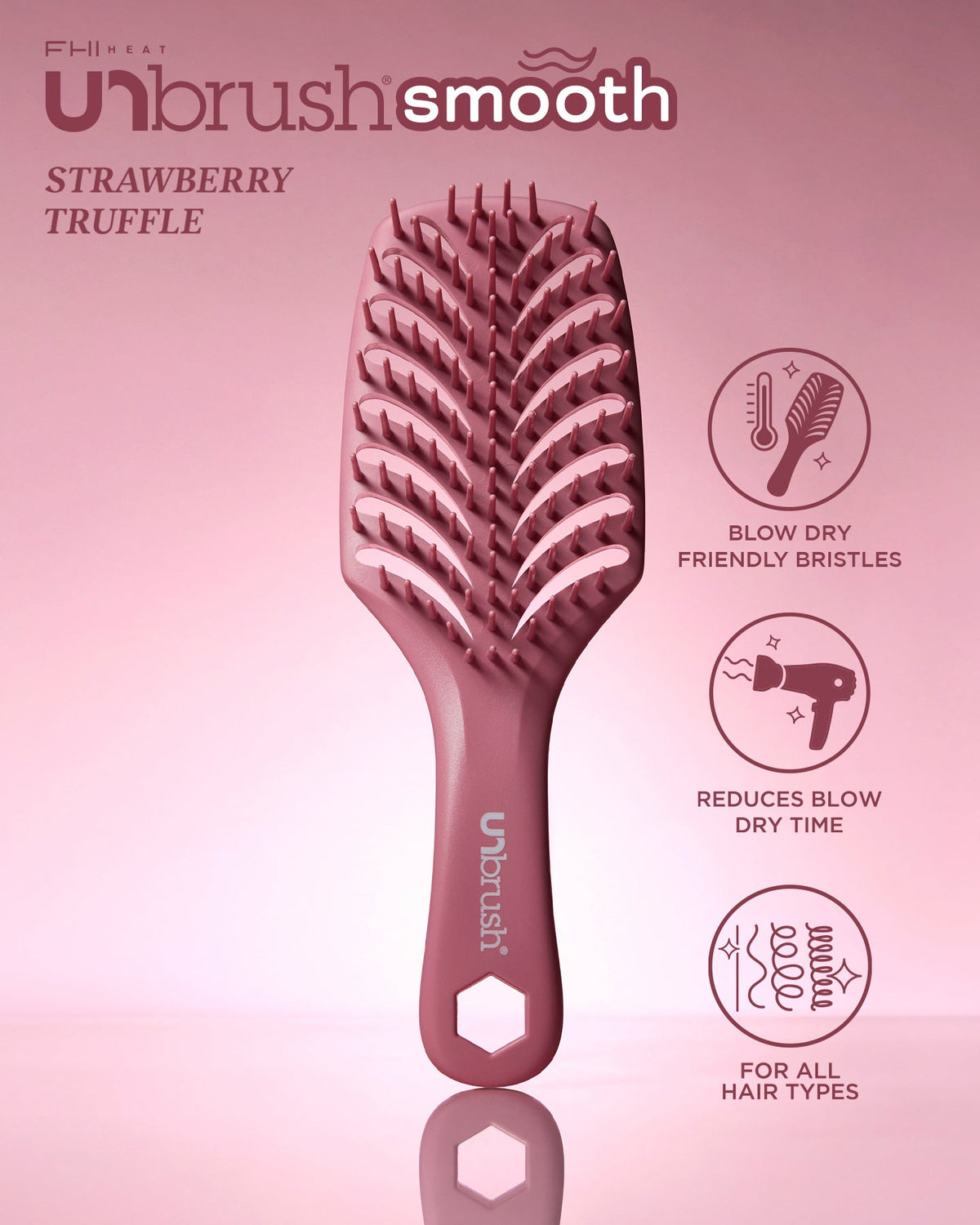 Pink hairbrush with 'unbrush' branding on a pink background