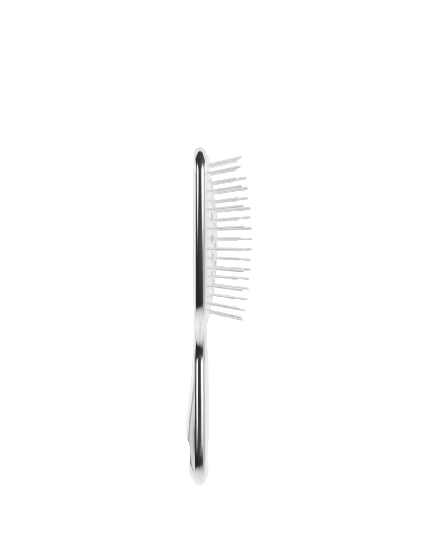 side view of a silver paddle brush on a white background