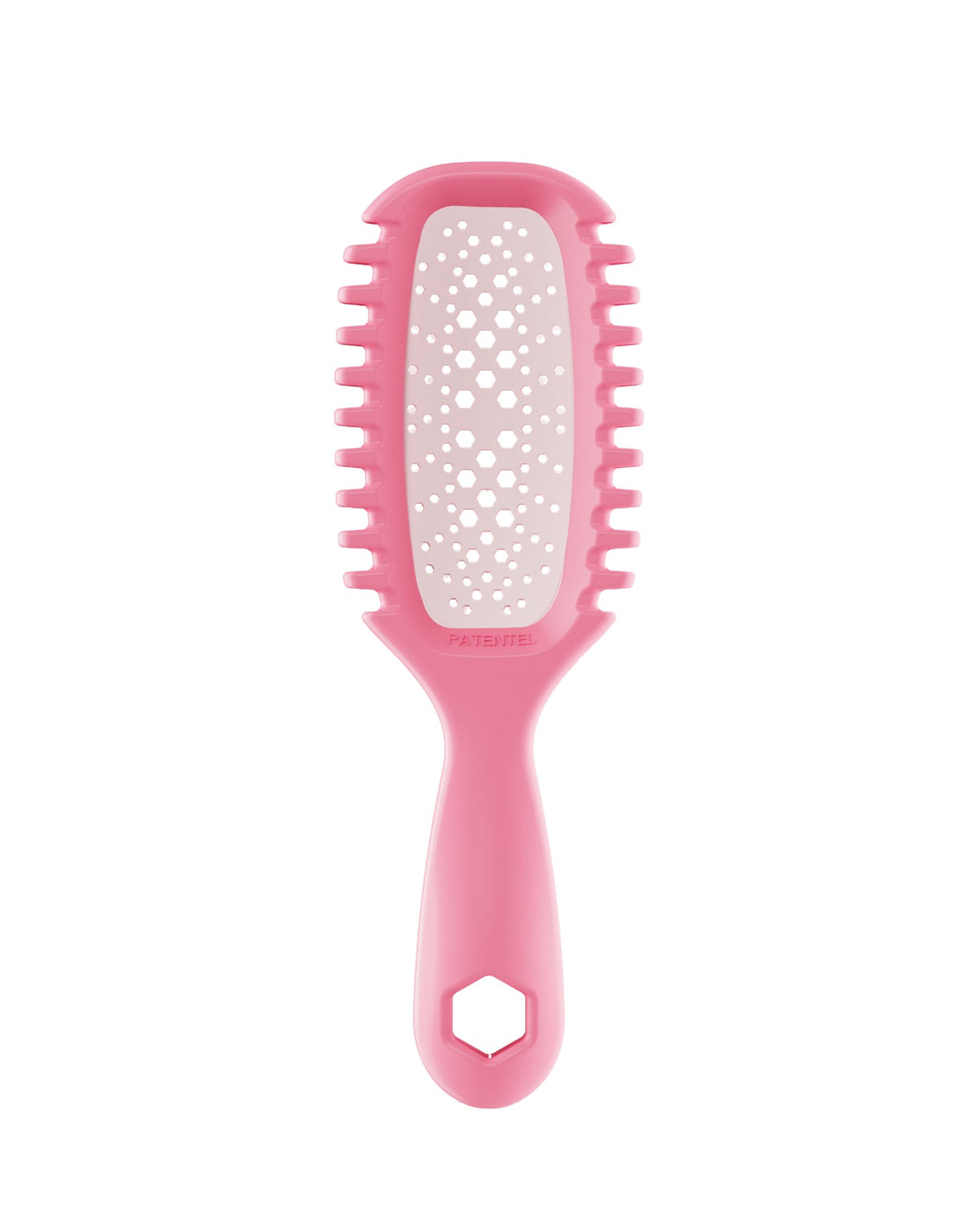 Pink hairbrush with a white bristle head on a white background