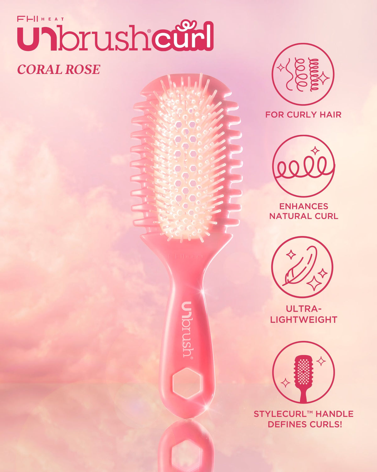 Pink hairbrush with features on a pink background, labeled 'Unbrush Curl'.