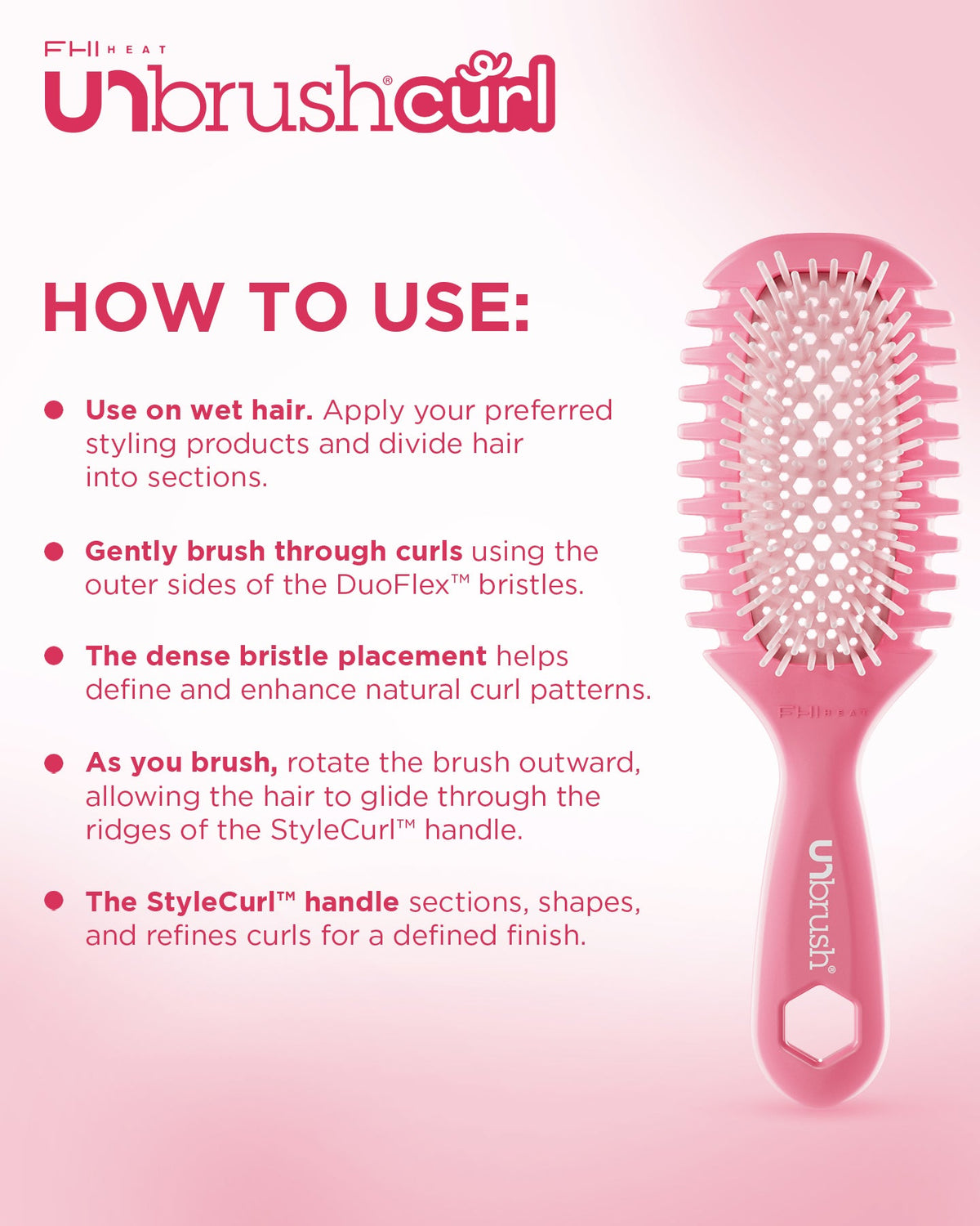 Pink hairbrush with usage instructions on a pink background, featuring the Unbrush Curl brand.