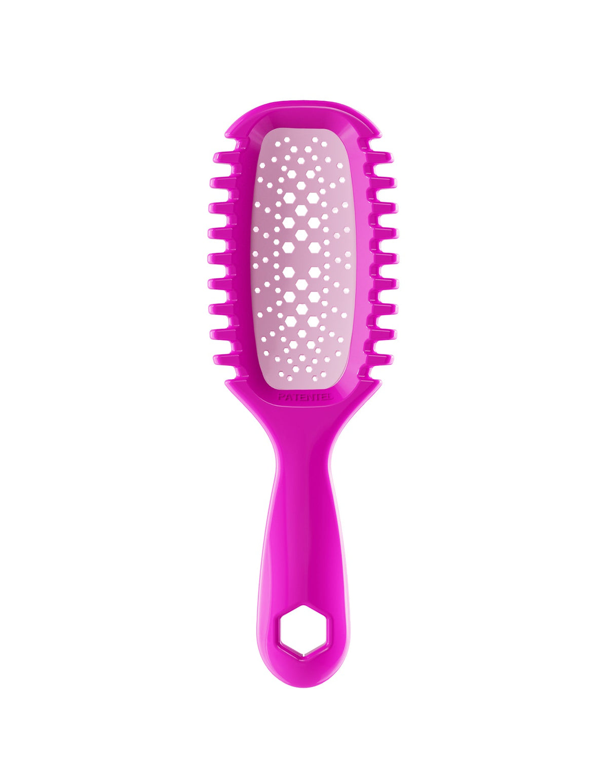 Pink hairbrush with a white bristle head on a white background