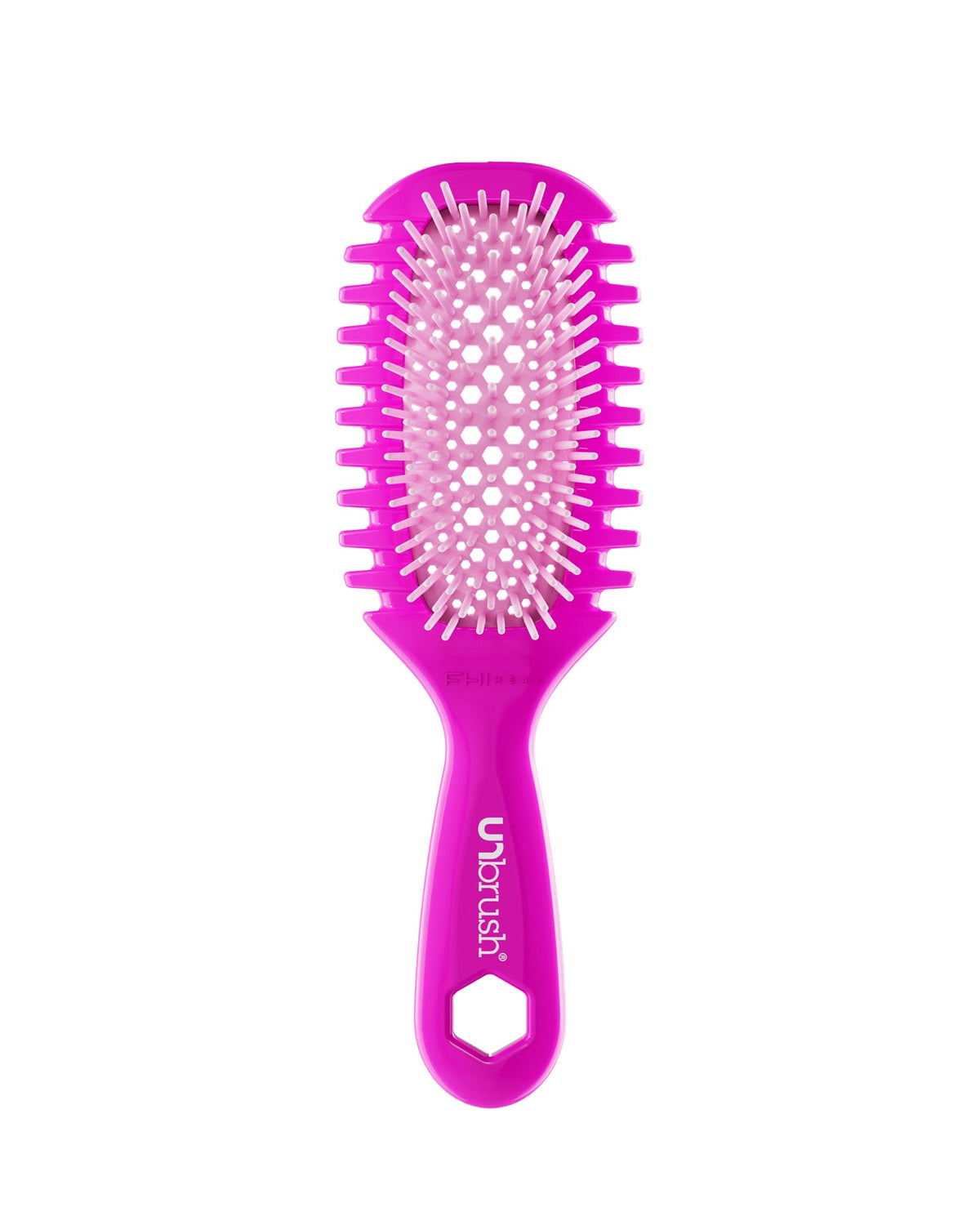 Pink hairbrush with 'unbrush' branding on a white background