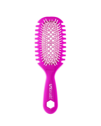 Pink hairbrush with 'unbrush' branding on a white background