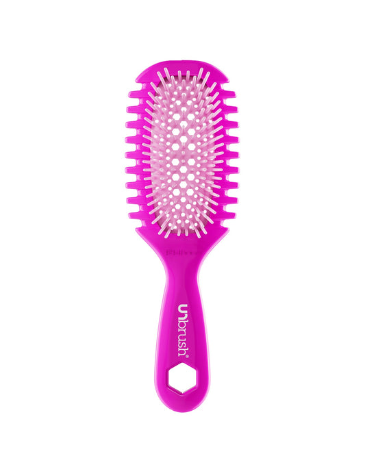 Pink hairbrush with 'unbrush' branding on a white background