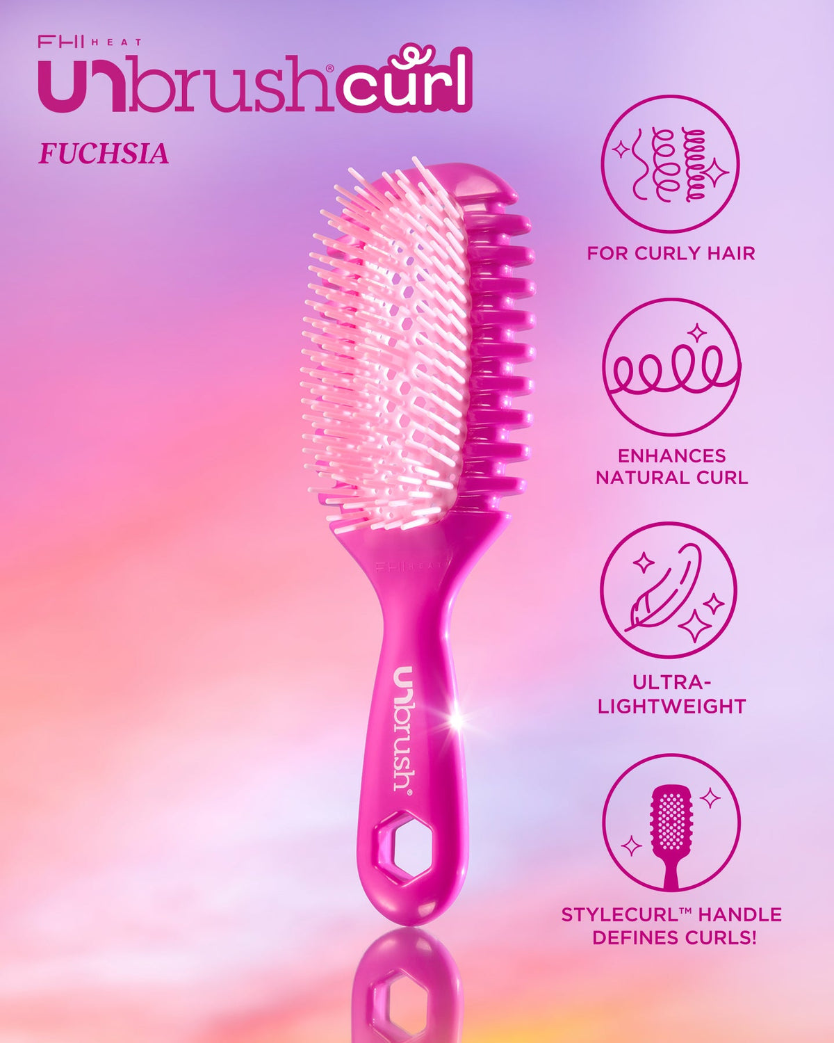 Pink hairbrush with 'unbrush curl' branding on a gradient background