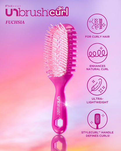 Pink hairbrush with 'unbrush curl' branding on a gradient background