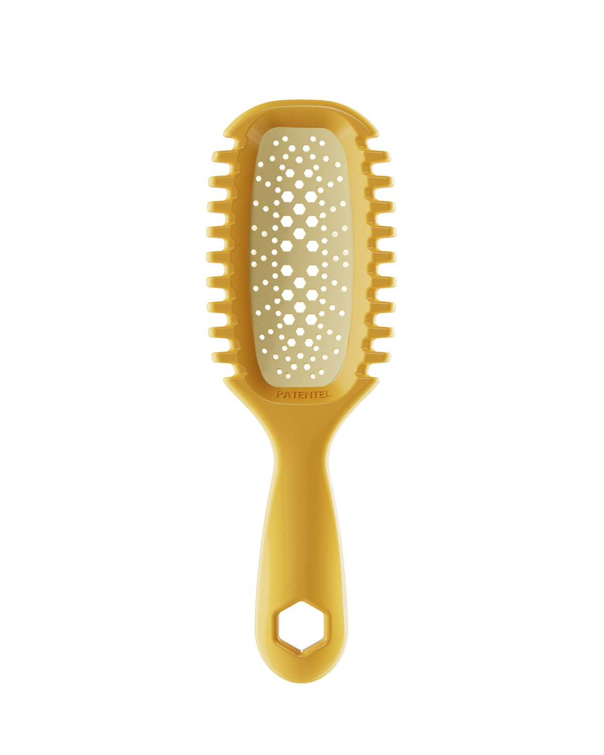 Yellow pet grooming brush with a textured handle on a white background
