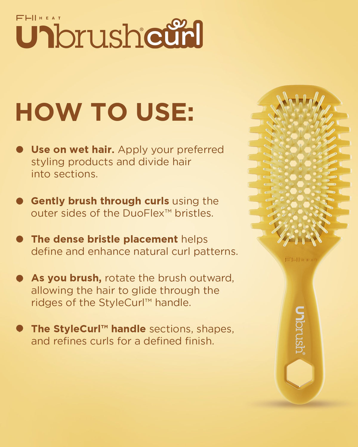 Unbrush Curl hairbrush with usage instructions on a beige background