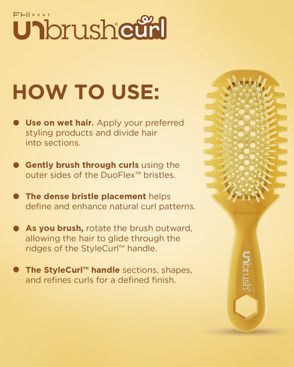 Unbrush Curl hairbrush with usage instructions on a beige background