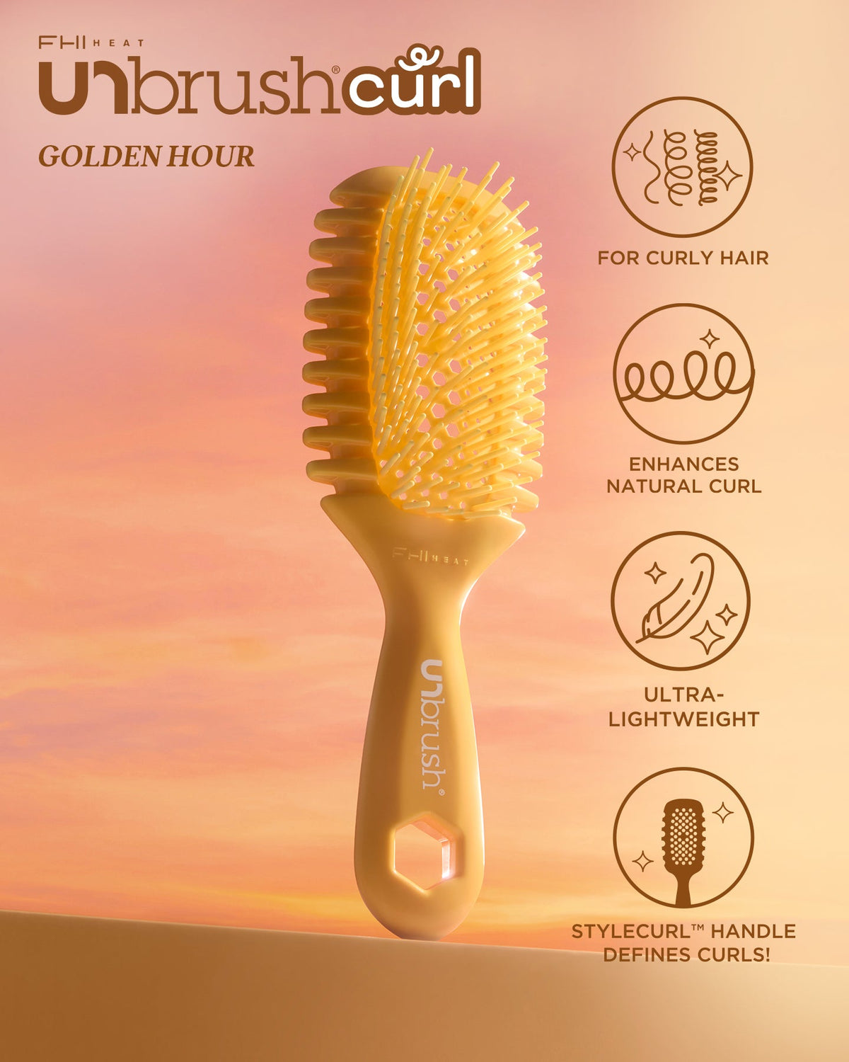 Unbrush Curl hairbrush with features on a sunset background