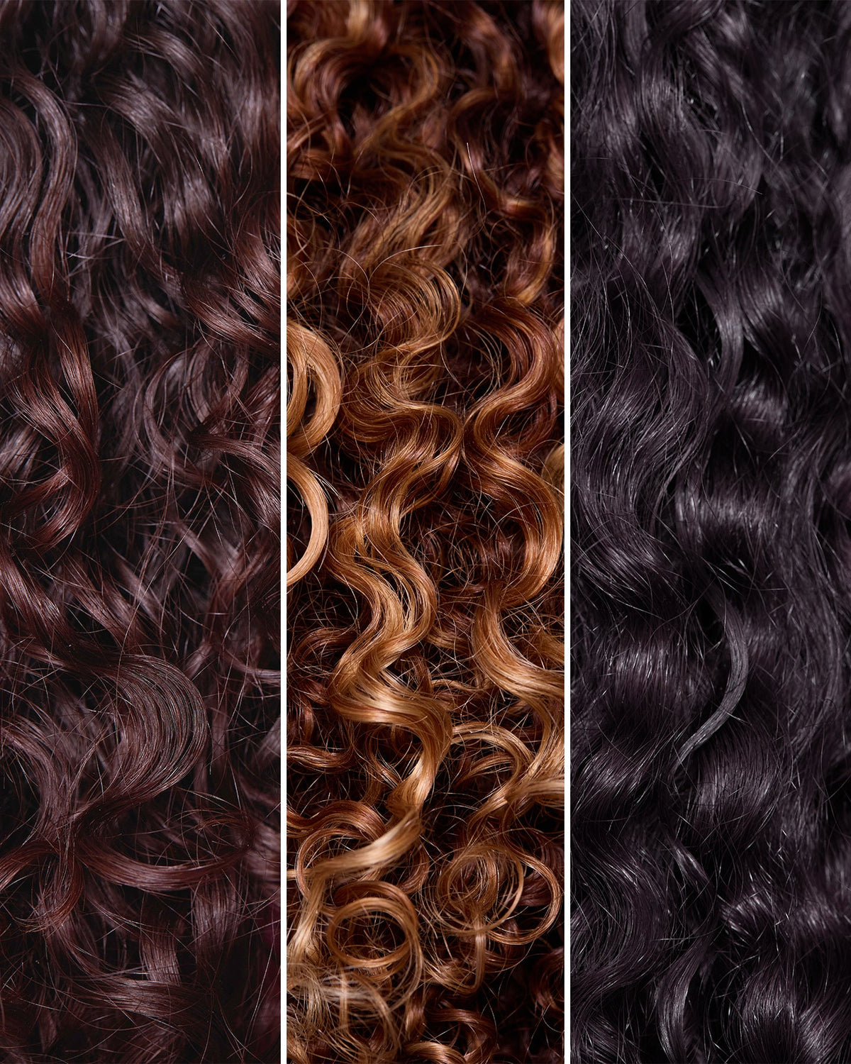 Image of 3 different curl patterns. It is a zoomed in shot of brown and light brown curly hair 