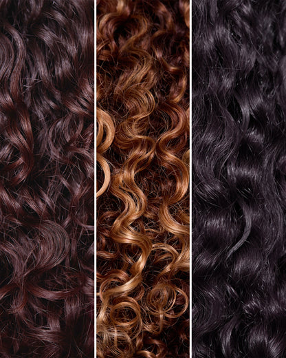 Image of 3 different curl patterns. It is a zoomed in shot of brown and light brown curly hair 
