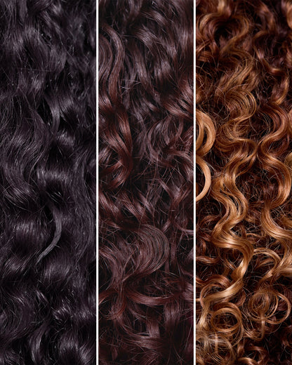 Three sections of curly hair in different colors: black, brown, and blonde.