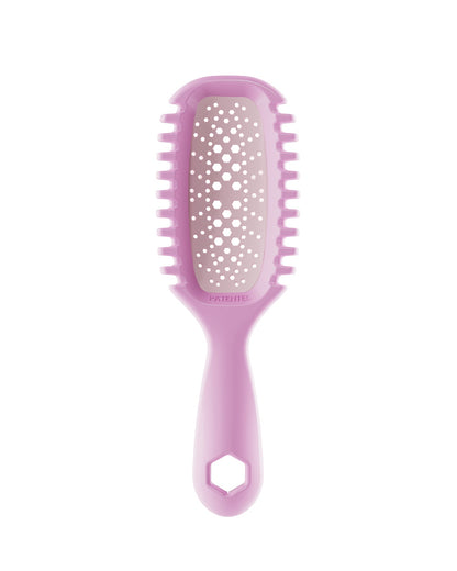 Pink hairbrush with a textured head on a white background