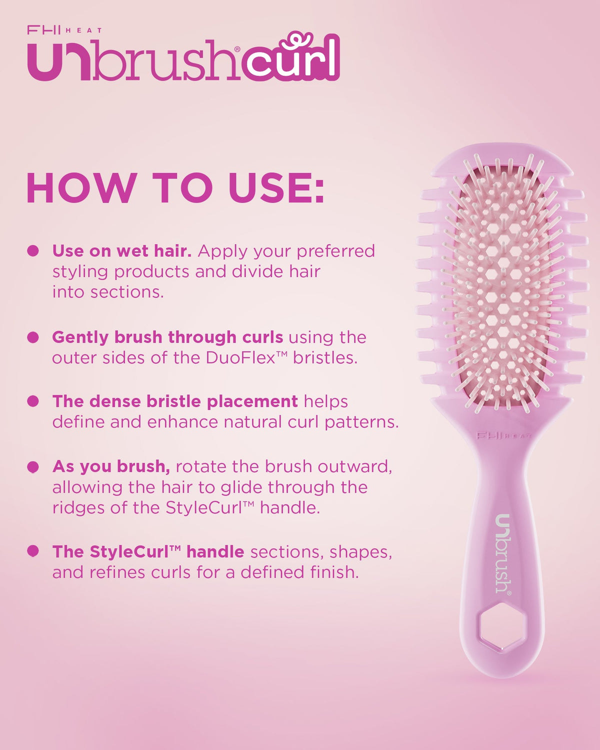 Purple hairbrush with text on how to use it on a pink background