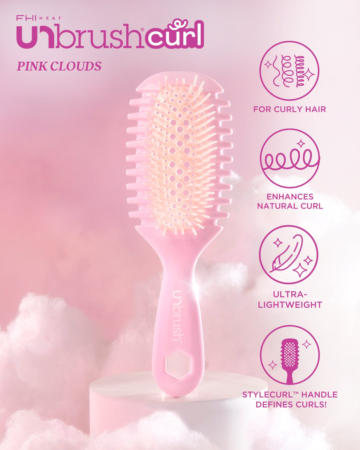 Pink hairbrush with 'Unbrush Curl' branding on a pink background