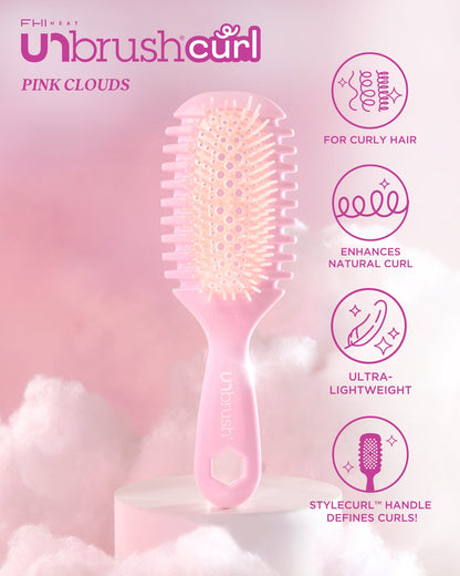 Pink hairbrush with 'Unbrush Curl' branding on a pink background