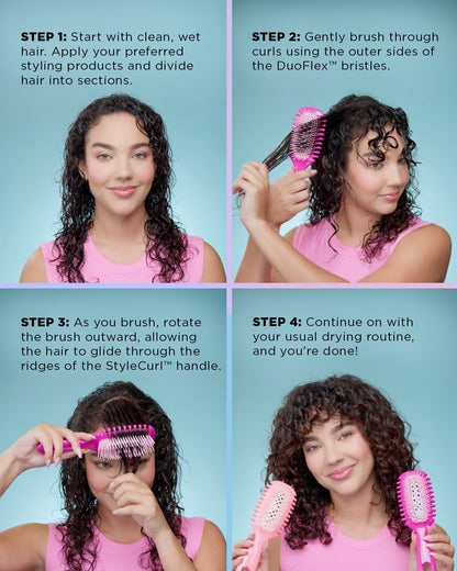 Step-by-step guide on using a hairbrush with a woman demonstrating each step.