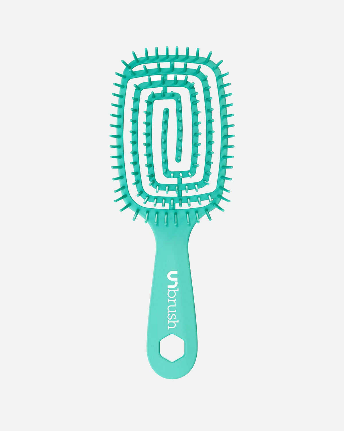 Front image of teal UNbrush hairbrush with flexible spiral bristles and a hexagonal hole in the handle, shown on a off-white background.