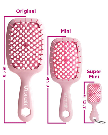 Set of three pink hairbrushes with measurements labeled on a white background