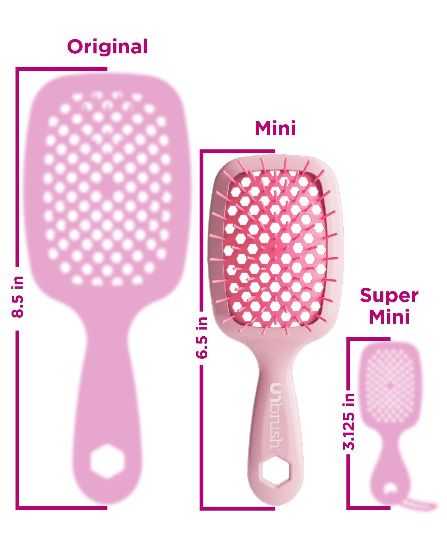 Set of three pink hairbrushes with measurements labeled on a white background.