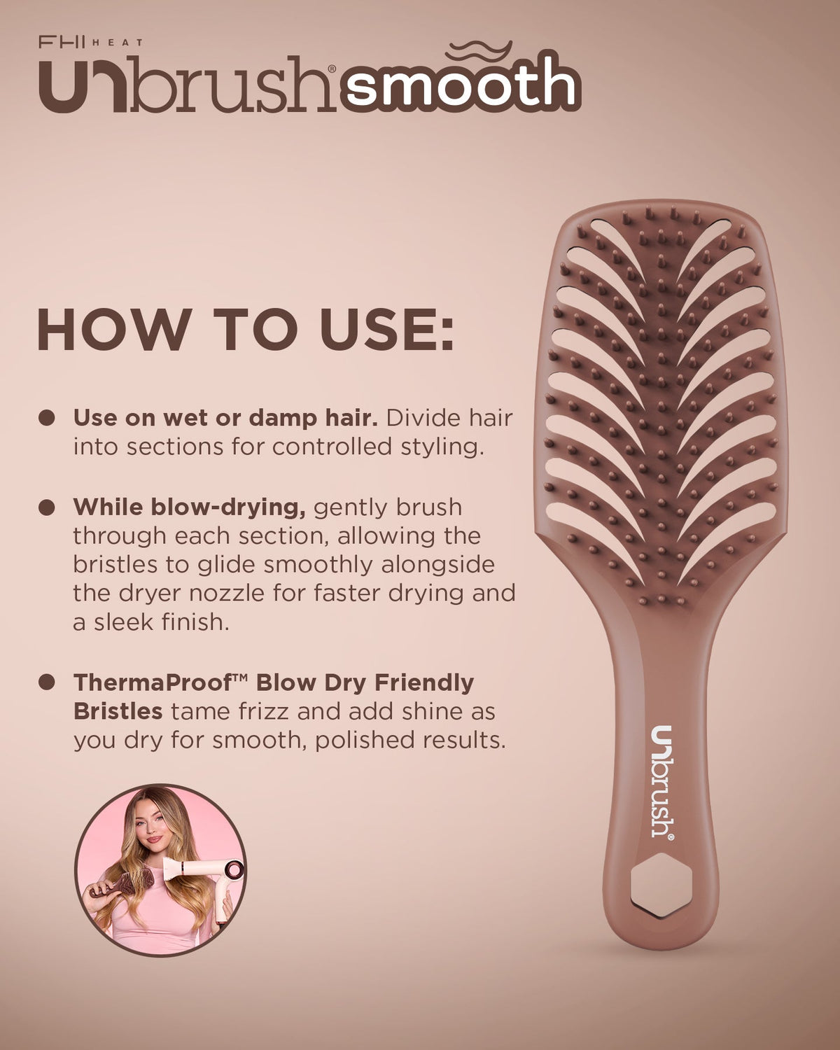 Hairbrush with usage instructions on a beige background