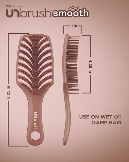 Unbrush Smooth hairbrush and comb with measurements on a beige background