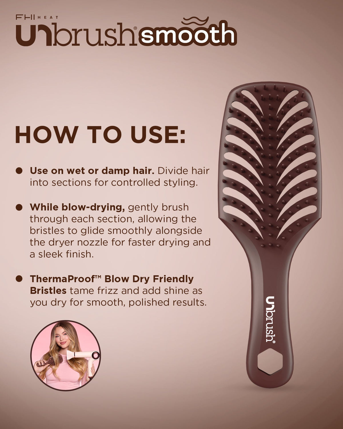 Hairbrush with usage instructions on a brown background