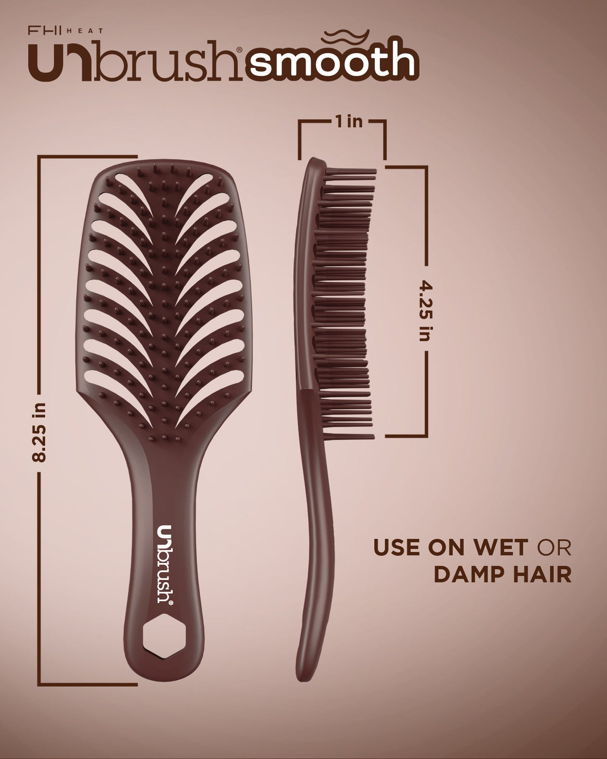 Unbrush Smooth hairbrush and comb with measurements on a beige background